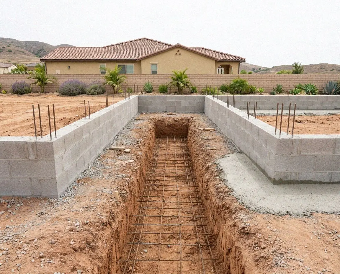 Open footing trench with a tied rebar cage behind a Mission Viejo home