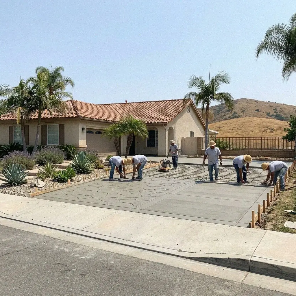 Concrete crew forming a retaining wall on a Mission Viejo rear slope