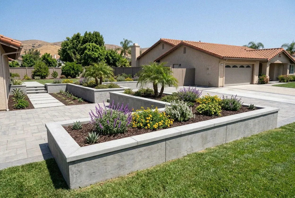 Concrete retaining wall holding a rear slope in Pacific Hills, Mission Viejo