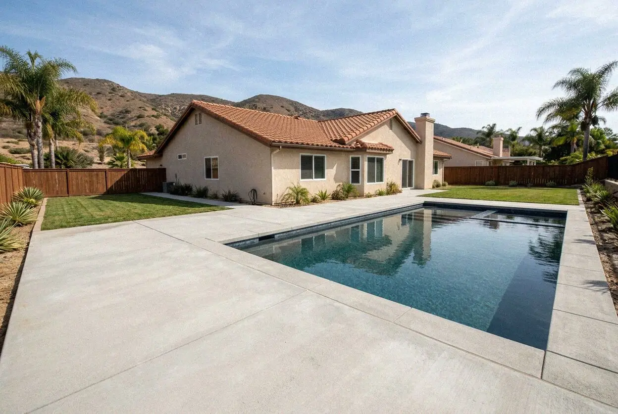 Salt-finish concrete pool deck around a backyard pool in Painted Trails