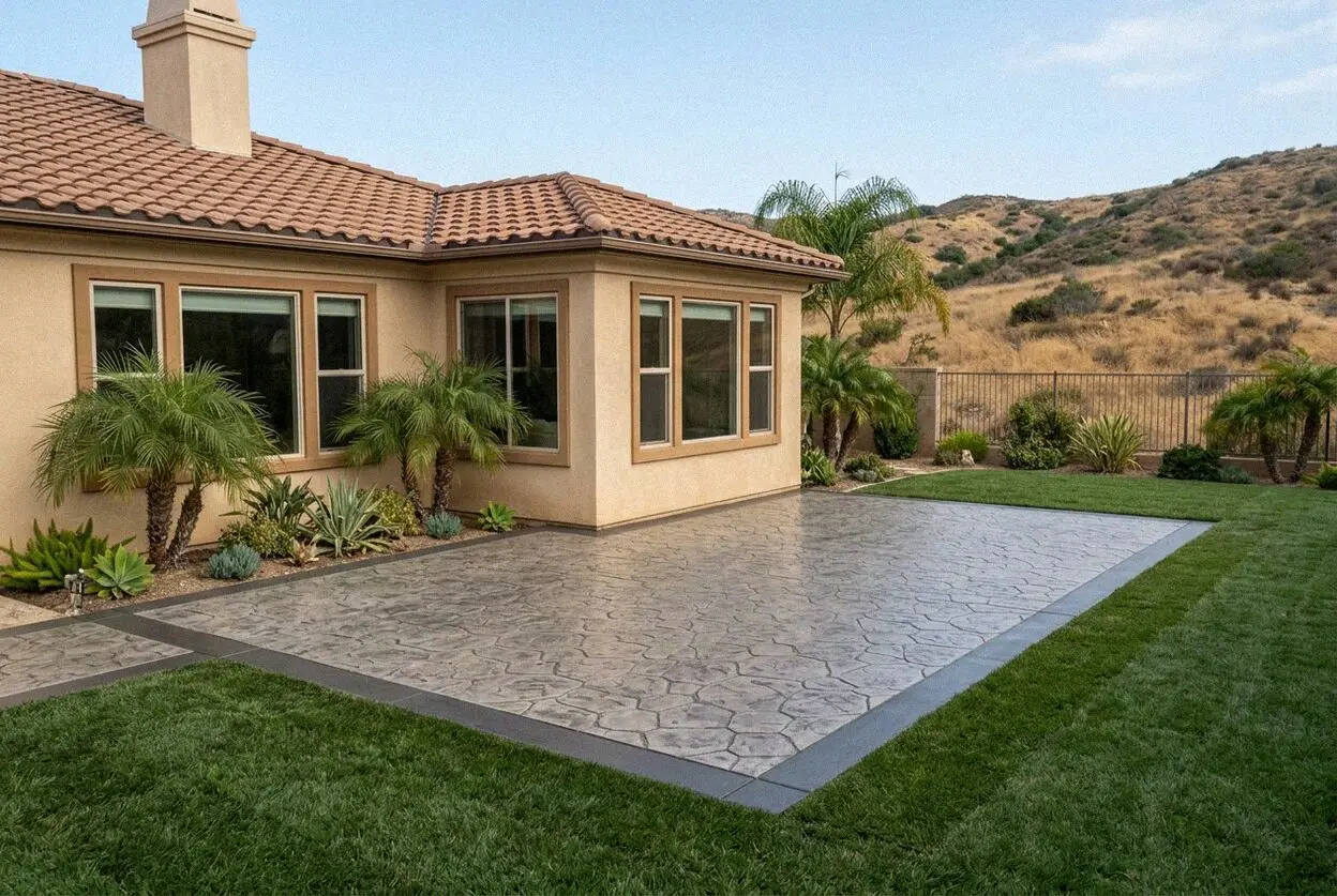 Stamped and colored concrete patio behind a Lake Forest house