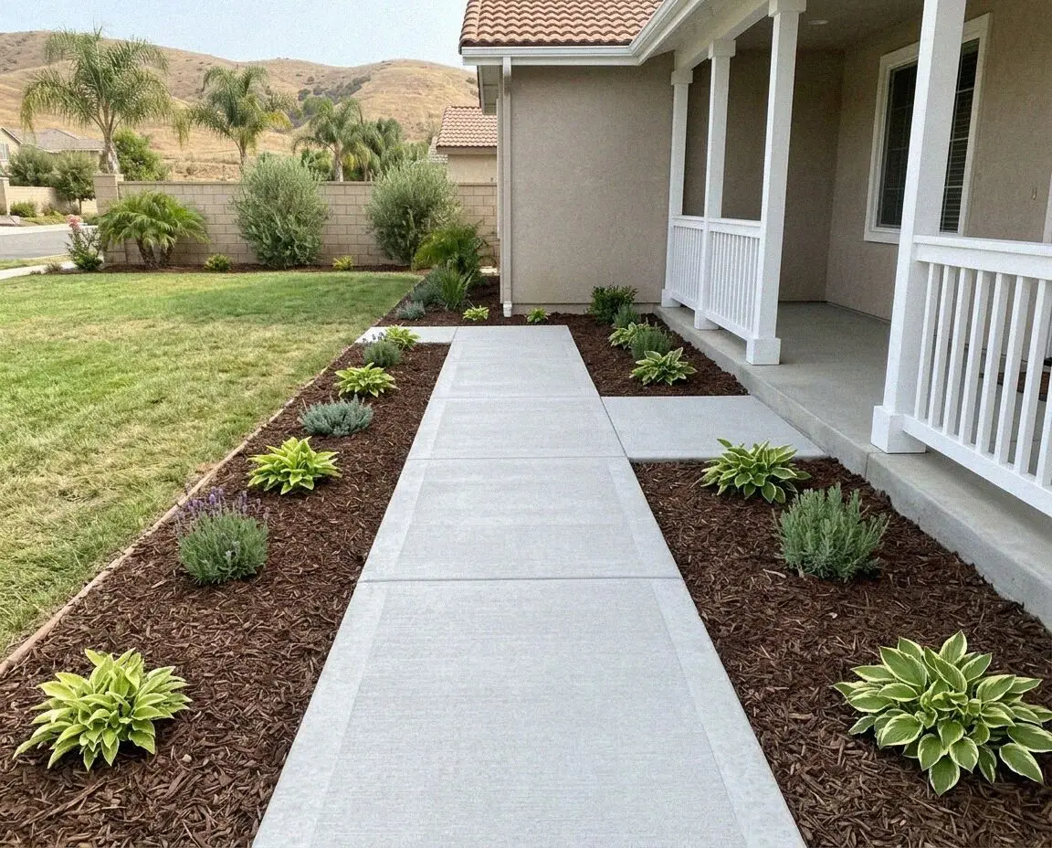 New broom-finished concrete entry walk climbing to a Mission Viejo door