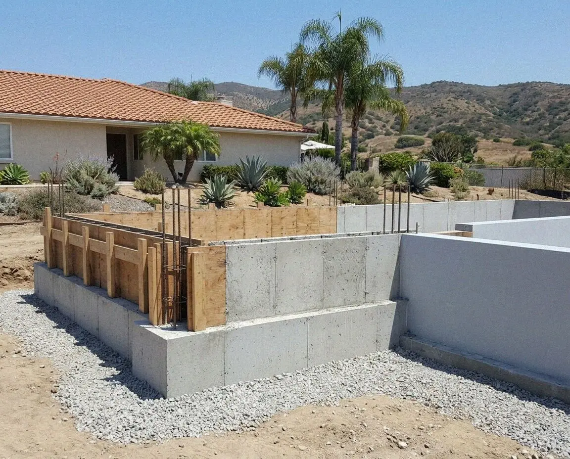 Poured stem wall foundation with rebar behind a Mission Viejo home