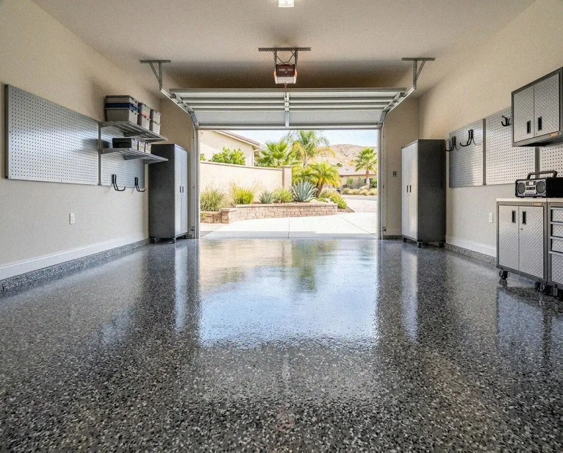 Newly poured sealed concrete garage floor in a Mission Viejo home