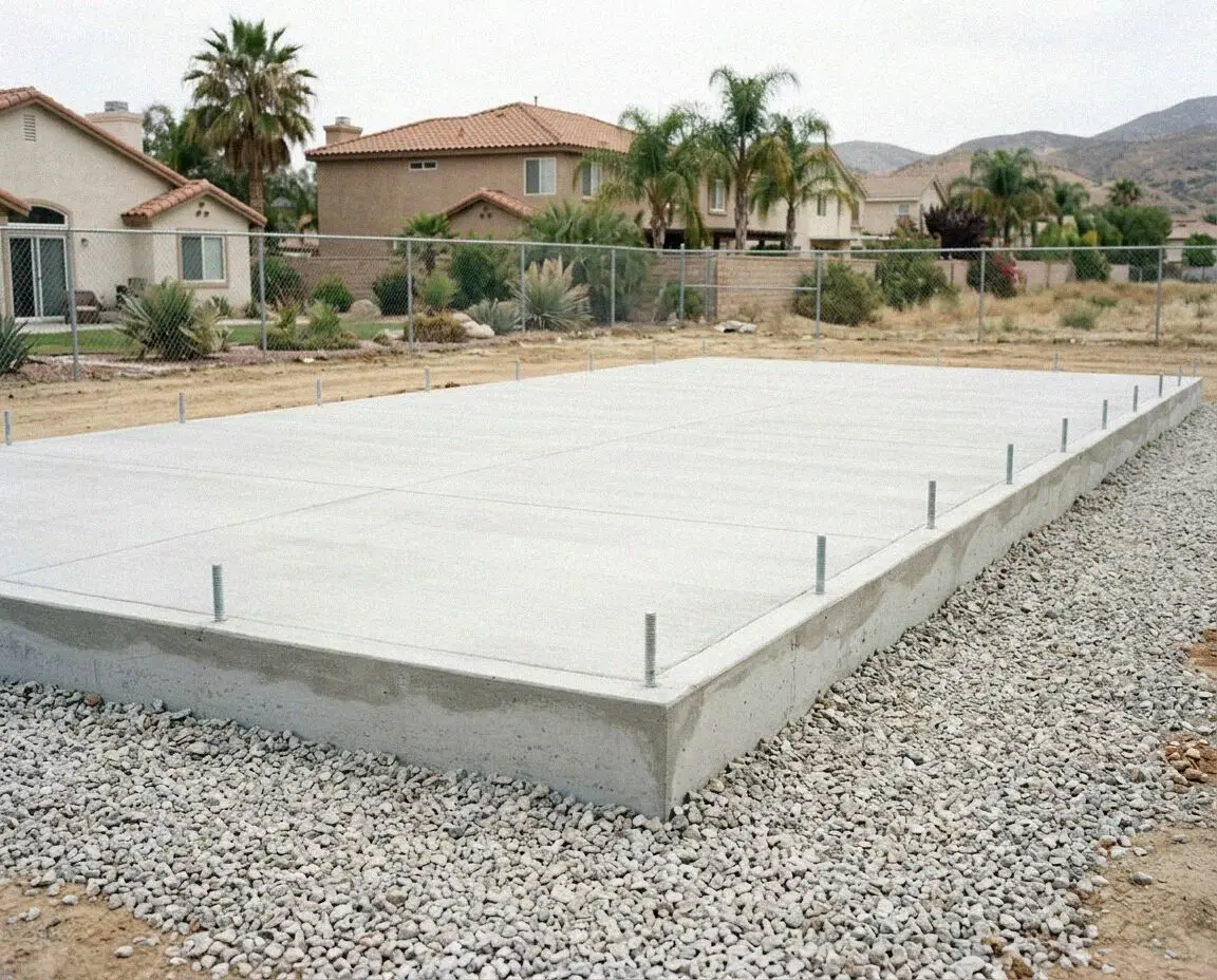 Finished slab foundation with anchor bolts behind a Mission Viejo home