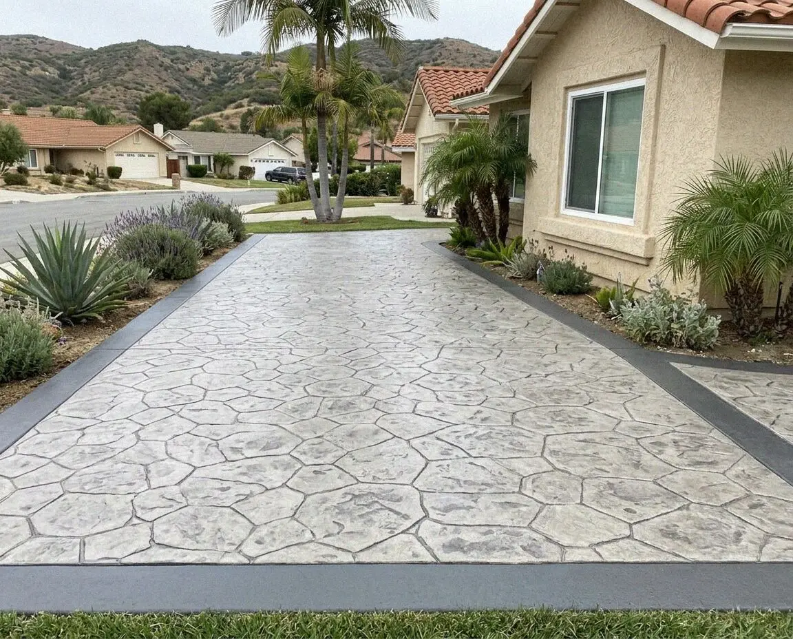 Finished ashlar slate stamped patio behind a Mission Viejo tract home